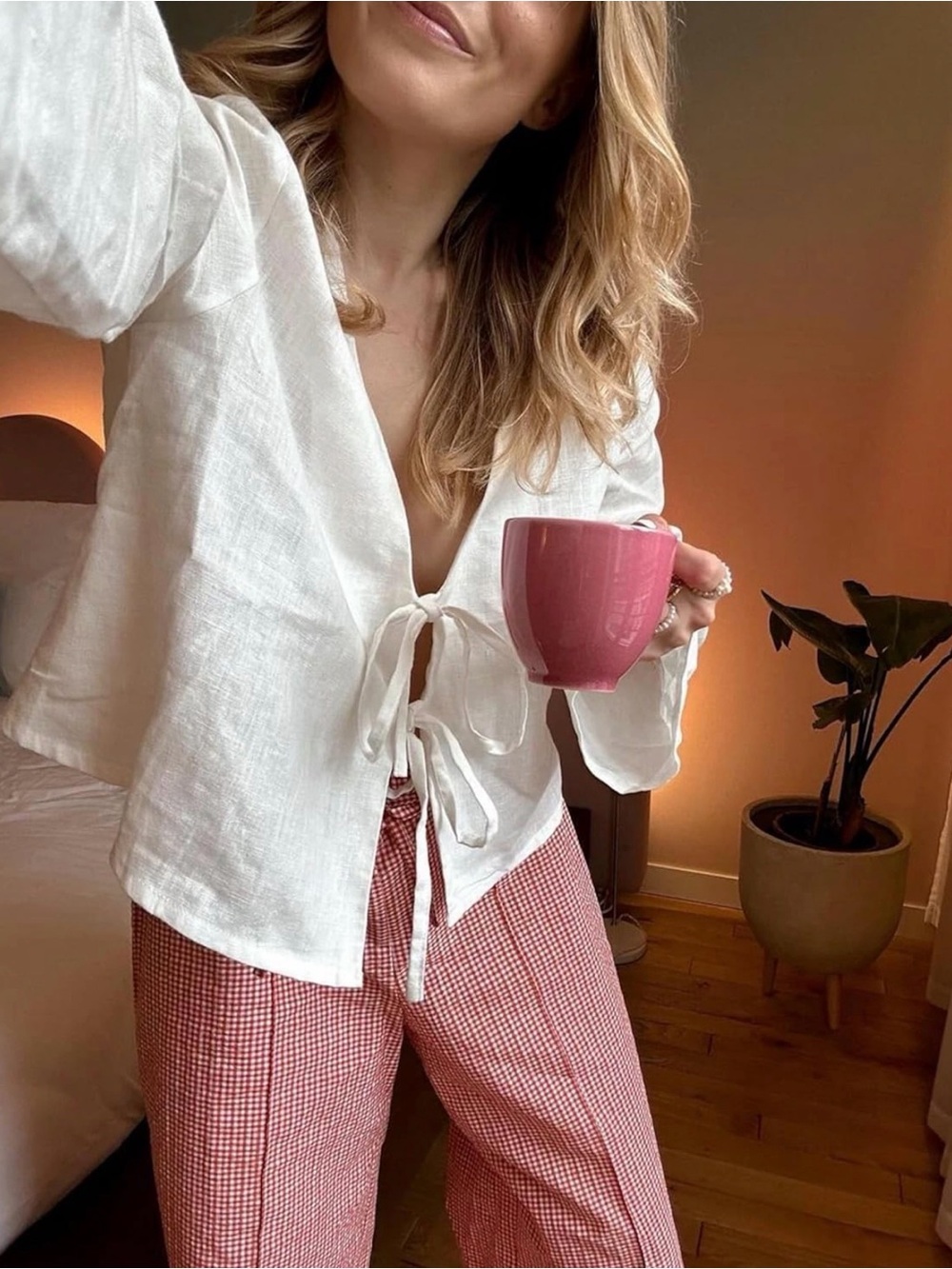 100% Cotton Linen Tie Blouse